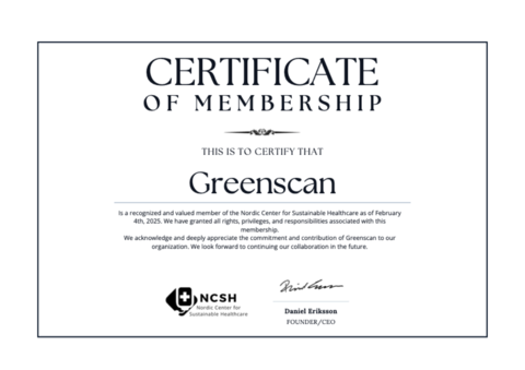 Certificate of Membership — Nordic Center for Sustainable Healthcare, Mitglied seit Februar 2025